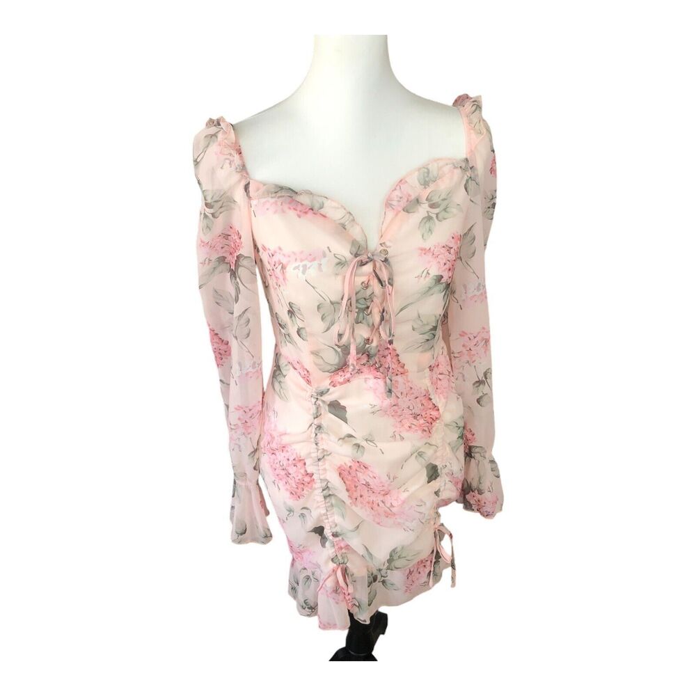 Miss Ord Ruffled Sexy Pink Floral Lace up‎ Puff Sleeve Mini Dress Sz L